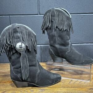 Silver Star Fringe Western Boots Women’s 6.5 Black Suede Ankle Cowboy Boho